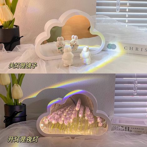 Veilleuse Tulipe Nuage, Ornement Lumineux de Bureau, Miroir Fleuri à Faire Soi-même, Lumière d'Ambiance, Cadeau Créatif Saint-Valentin, Mer de Fleurs Violettes, 20 Tulipes (1/5)