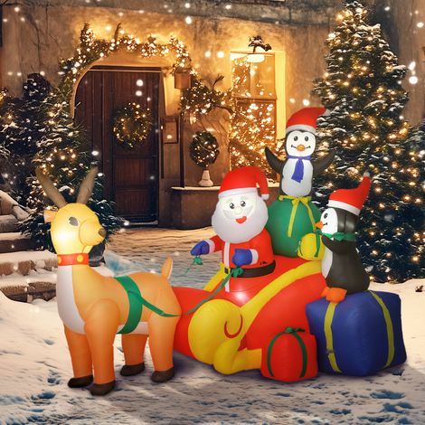 Aufblasbarer Weihnachtsmann mit Schlitten, Pinguinen und Rentieren, LED-Beleuchtung, Weihnachtsdekoration für drinnen und draußen, 180 x 120 x 155 cm