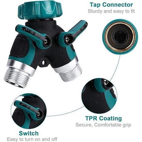 Distributeur d'eau 2 voies pour tuyau de jardin, séparateur avec 2 sorties à vannes 3/4" et 1/2", raccord double avec 3 joints, adaptateur de robinet 2 sorties pour arrosage extérieur. (1/4)