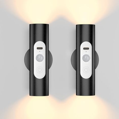 Applique Murale LED avec Détecteur de Mouvement et Télécommande - Lampe Murale Sans Fil Rechargeable pour Intérieur, Couloir, Escalier, Armoire, Chambre, Salon (Noir, Lot de 2) (1/5)