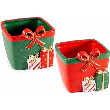 Vasi natalizi in terracotta colorata a pacchetto regalo con decori in rilievo, set da 2 pezzi, cm 14 x 14,5 x 13 H