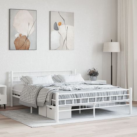 Cadre de Lit avec Tête de Lit Blanc 160x200cm – Structure Métal Robuste avec Lattes en Contreplaqué et Espace de Rangement Sous le Lit (1/4)