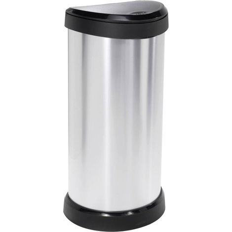 Curver – Poubelle automatique 40 l 240641 – Dimensions 335 x 685 x 285 mm – Argent et noir – Bac à déchets en inox avec anneau de retenue