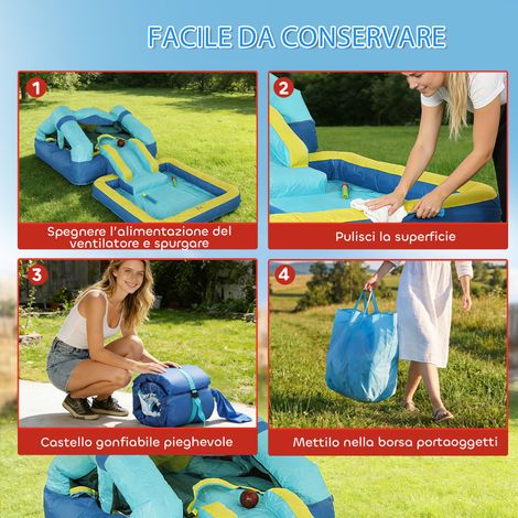 Château gonflable bleu 4-en-1 pour enfants 3-8 ans : toboggan, trampoline, piscine à balles ou eau, panier de basket