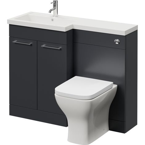 Napoli 390 Gloss Grey 1100mm 2 Door Vanity Unit Toilet Suite with Square Left Hand Lucia Basin - 1100mm - Chrome 160mm HandleWith Kingston Toilet Pan and Seat