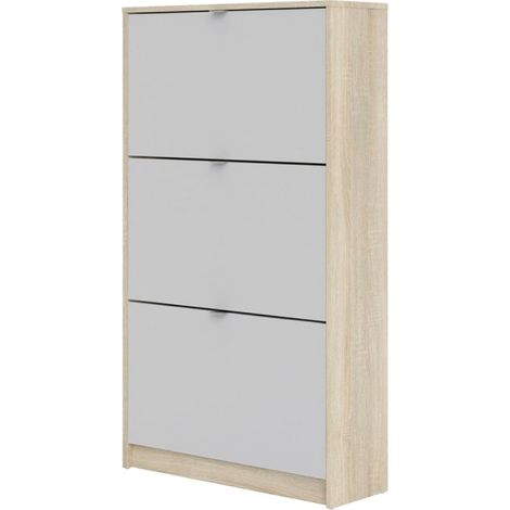 Shane Schuhschrank 3 Klapptüren 2R Eiche Struktur Dekor, weiss.