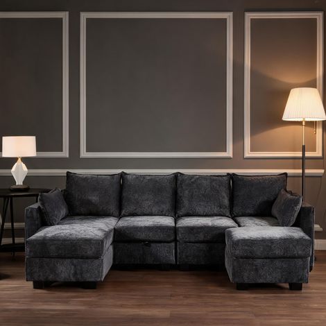 Canapé modulaire 6 places en chenille gris avec rangement (1/5)