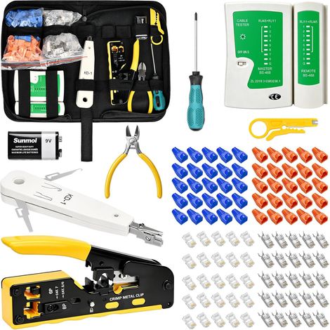 Kit de sertissage RJ45, Kit Outil Réseau Ethernet pour Cat5 Cat6 Cat7, Pince à Sertir Multifonction avec Testeur de Câble, 25 Connecteurs Cat6 + 25 Cat7, Kit Réparation Réseau Complet avec Sac (1/5)