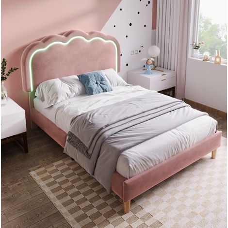 Cama tapizada 90/190 cm rosa de terciopelo con cabecero LED regulable (1/5)