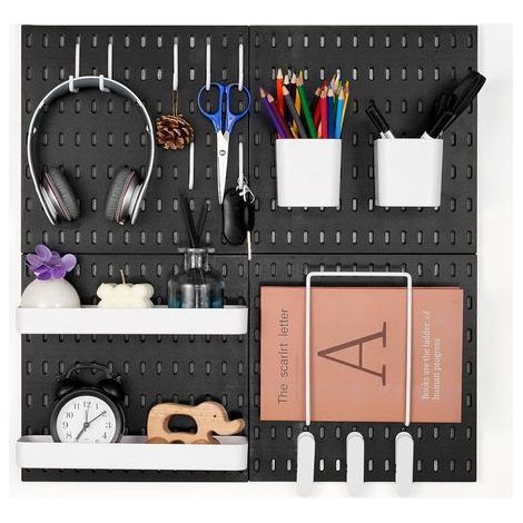 Panneau Perforé Mural 280x280 mm Organiseur Garage en Plastique avec 4 Panneaux Perforés, Accessoires, Kit Rangement d'Outils pour Bureau, Salle d'Artisanat, Maison, Entrepôt, Magasin, Noir (1/5)