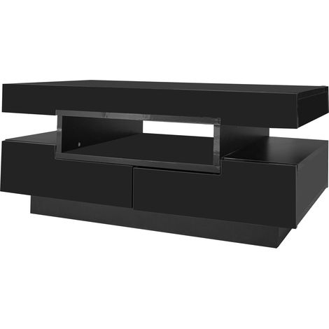 ELVMI Couchtisch mit 4 Schubladen und 3 offenen Fächern, LED verstellbar, Hochglanzoberfläche, Schwarz (1/5)