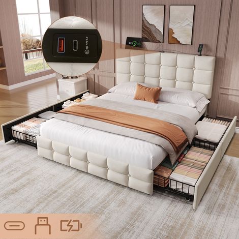 4ft6 Double Upholstered Bed with 4 Storage Drawers, Velvet Bed Frame with Charging Station. Adjustable Button Tufted Headboard with USB and Type - C Ports, No Box Spring Needed, Beige (No Mattress) (1/5)