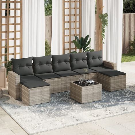 Ensemble Salon Jardin 8 Places Résine Tressée Gris avec Coussins et Table Verre (1/3)