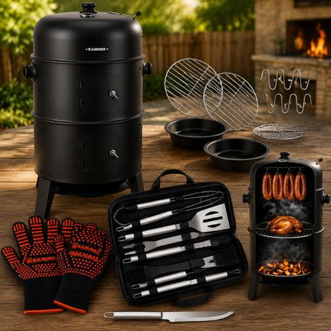 BBQ Grill Starter Set (3-Piece) – Charcoal Grill with Smoker, 5-Piece Tool Kit & Heat-Resistant Gloves