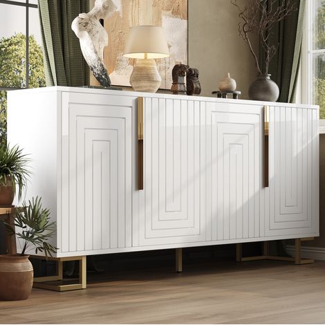 Anrichte MDF Weiß 152x40x75 cm mit 2 Türen, 4 Fächern, geometrischer Front und Metallfüßen (1/5)