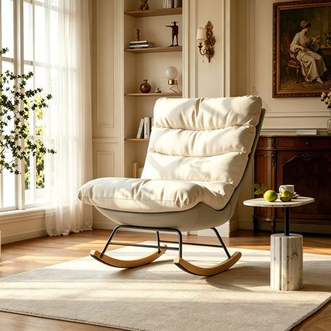 Fauteuil à bascule avec patins antidérapants, cadre métal et pieds bois, coussin épais en lin pour salon et chambre, beige