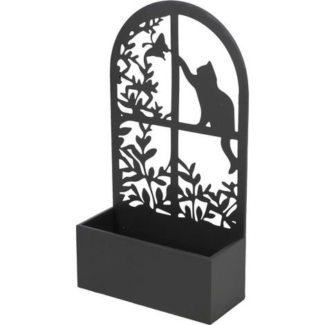 Cache-Pot Jardinière Murale ou Posée - Métal Noir Motif Chat Fenêtre Décoratif - 35 x 15 x H 65 cm - Livraison gratuite