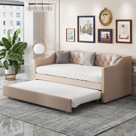 Letto a scomparsa 90x200 cm, letto imbottito in lino con rete a doghe, letto giorno, Beige