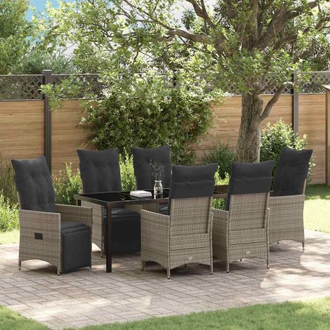 Salon de jardin 7 pièces, 6 fauteuils inclinables en polyrotin gris, table à manger - PANGIVO (1/5)