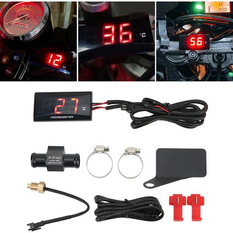 Motorradmodifikation: Universelles, ultradünnes 12-V-DC-LCD-Wassertemperaturmessgerät (°C) + 16-mm-T-Stück + rote Hintergrundbeleuchtung an der linken Halterung (1/5)