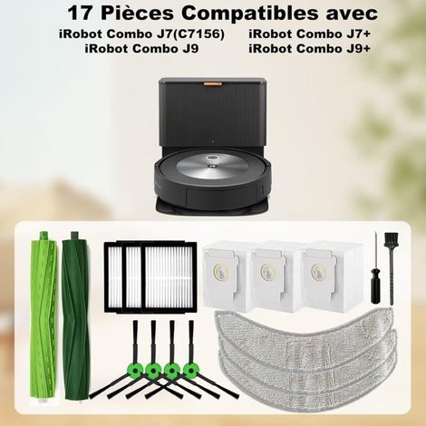 Lot de 17 accessoires pour robot aspirateur iRobot Roomba Combo j7+/j7 plus/j9+/j9 plus/10 MAX, 2 brosses à rouleau, 4 brosses latérales, 3 sacs d'aspirateur, 3 filtres HEPA, 3 lingettes, 1 (1/3)