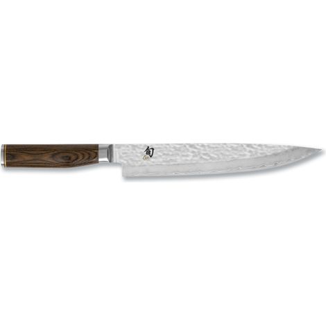 KAI Shun Premier Tim Mälzer Cuchillo japonés para jamón con hoja de 24 cm - Núcleo VG-MAX 61 HRC, 32 capas de Damasco pulido - Mango de madera de Pakka color marrón medio - Superficie martillada