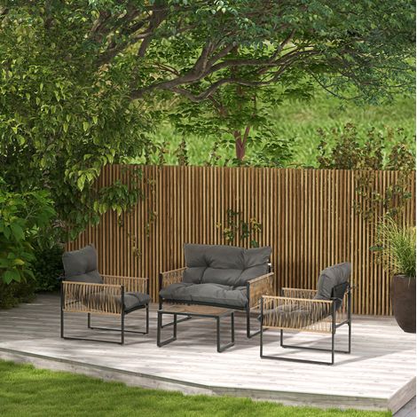 Conjunto de salón de jardín de 4 piezas (106x70x72 cm), con sofá, 2 sillones y mesa de centro, poliratán gris oscuro (1/5)