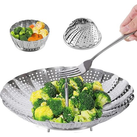 Stainless steel steamer basket for food and vegetables. High-quality expandable steamer basket to fit different sized pots. (1/4)