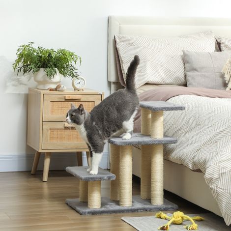 Escalier pour chien, 3 marches, 54 cm de haut, pour petits chiens et chats, avec poteaux à griffer en sisal et balle jouet (1/4)