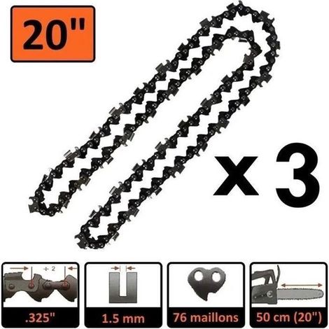 Lot de 3 chaînes tronçonneuse 20" – 76 maillons, ép. 1,5 mm – Pour coupe rapide (1/2)