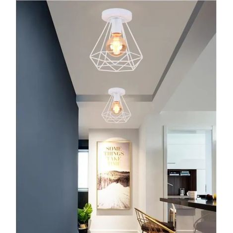 2pcs Plafonnier Industriel en Cage Diamant Blanc Lustre Suspension Vintage Métal Designe Simple Style Edison pour salon (1/4)