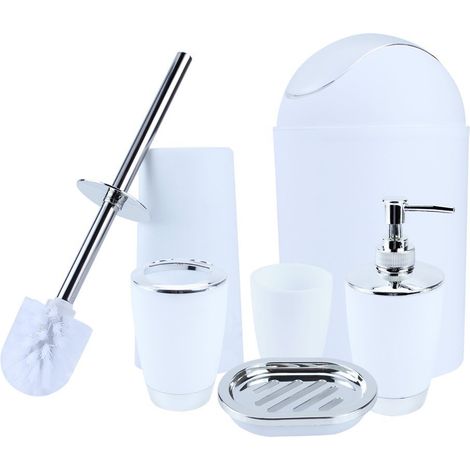 Ensemble d'Accessoires de Salle de Bain 6 Pièces, Distributeur de Lotion, Porte-Brosse à Dents, Gobelet, Porte-Savon, Brosse WC, Poubelle, Blanc (1/5)