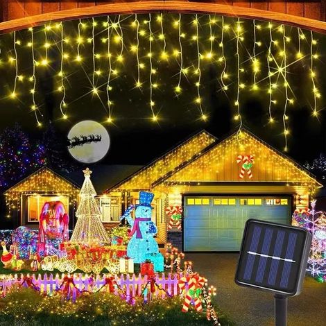 Guirlande Lumineuse Extérieure Noël,10M 200 LED Rideau Lumineux Noël Extérieur solaire avec 8 modes et télécommande, Blanc chaud (1/5)