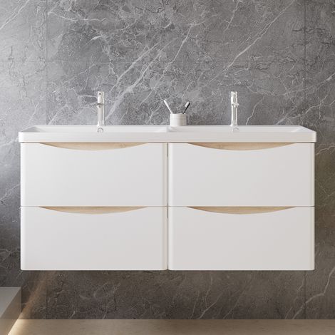 Ocean Meuble de salle de bain suspendu 120 cm avec vasque, 4 tiroirs, Blanc brillant et Chêne