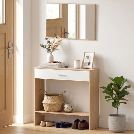 Console avec miroir, console étroite avec tiroir et étagère, style moderne, 91,5 x 27,9 x 85,5 cm, chêne (1/5)