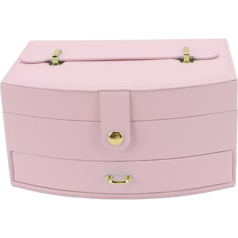 Boîte à bijoux de voyage portable à 2 compartiments en cuir PU avec fermoir et poignée pour boucles d'oreilles et colliers (rose)