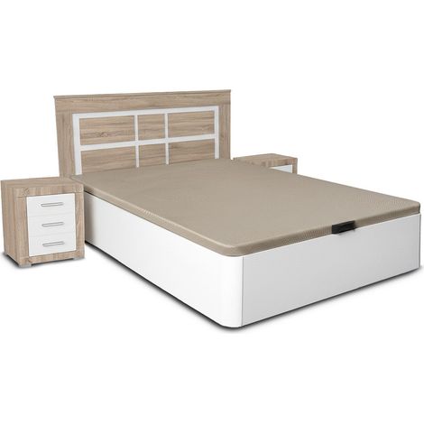 Pack Cama Canape Blanco 135cm + Cabecero y 2 Mesitas de Noche Cambria y Blanco
