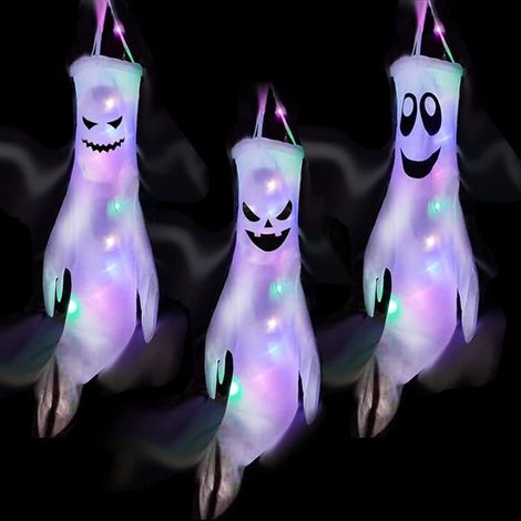 Halloween Decoration Exterieur, 3 Pièces Fantome Lumineux Suspendre Deco Halloween,Lumière LED Blauviolett,120cm Ghost Décoration (1/5)