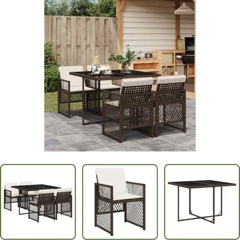 Essgruppe - 5-tlg. Garten-Essgruppe mit Kissen Braun Poly Rattan (1/5)