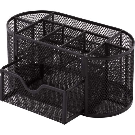 1 Organiseur de bureau, 9 compartiments, Tiroir coulissant, Maille métallique, Noir, Pour maison et bureau (1/5)