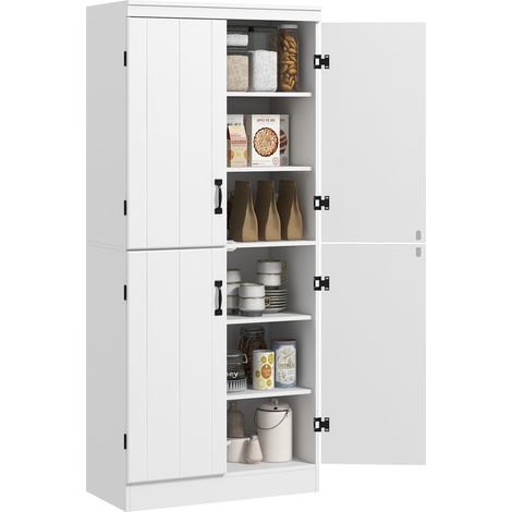 4-Door Tall Kitchen Cupboard, Freestanding 6-Tier Storage Cabinet with 2 Adjustable Shelves for Living Room, Dining Room, White