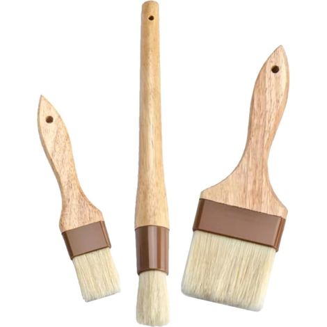 Ensemble 3 pinceaux à badigeonner en poils naturels pour barbecue, cuisson au four et grillades, taille moyenne à grande, manches en bois de hêtre (1/5)