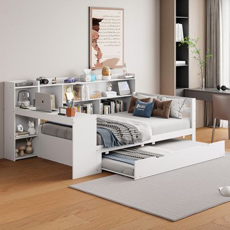 Sofá cama 90x200 cm blanco de madera maciza con cama nido, escritorio, estantes y enchufe USB (1/5)
