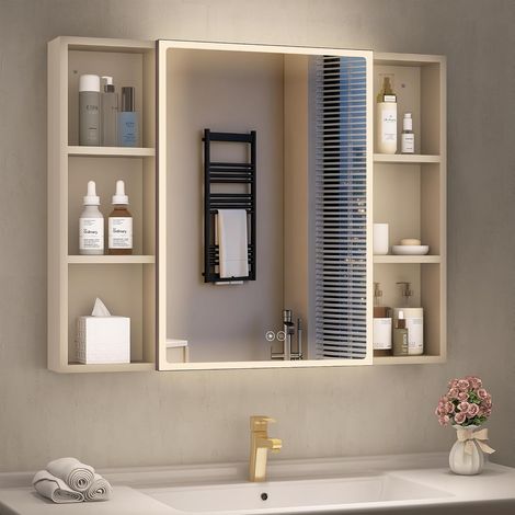 Armoire de salle de bain avec miroir LED - 90 x 70 cm - Beige - Avec éclairage et anti-buée - Armoire suspendue en aluminium - Intensité variable - Fonction mémoire - IP44 - Lumière pour (1/5)