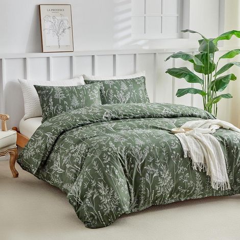 Bettwäsche-Set Doppelbett 200x200 cm mit Blumenmuster, Waldgrün, Mikrofaser