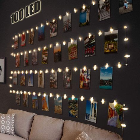 Ghirlanda luminosa a LED con clip per foto, ideale per decorare la stanza, 10 m, 100 LED e 50 clip, perfetta per soggiorno, Natale e matrimoni.
