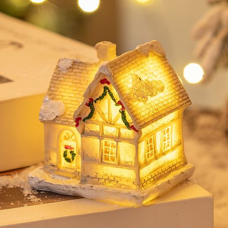 Décoration de Noël en résine avec maison miniature lumineuse LED, maison de village de Noël, décoration festive intérieure, style D