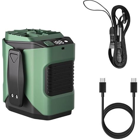 Ventilatore da collo portatile verde, con velocità regolabile, torcia integrata, display digitale e ricarica USB. (1/5)