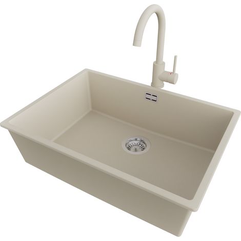 PRIMAGRAN Evier Cuisine en Granit 66x47cm,Lavabo 1 bac + Robinet 32x20cm + Kit de Vidage, Évier à Encastrer au meuble 70cm - London Slim, Beige (1/5)