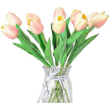 Lot de 10 fleurs artificielles avec tige, réalistes, pour mariage, maison ou bureau, centre de table, tulipes, fausses branches, composition florale.Champagne (1/5)